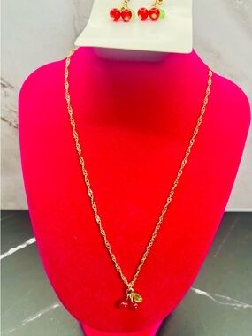 Gold-Tone & Red Cherry Pendant Necklace & Earrings Set NWT